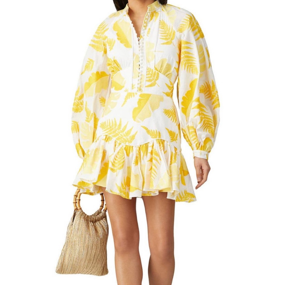 Acler Bastia Dress Golden Leaves Printed Zipper Back Yellow Size 8